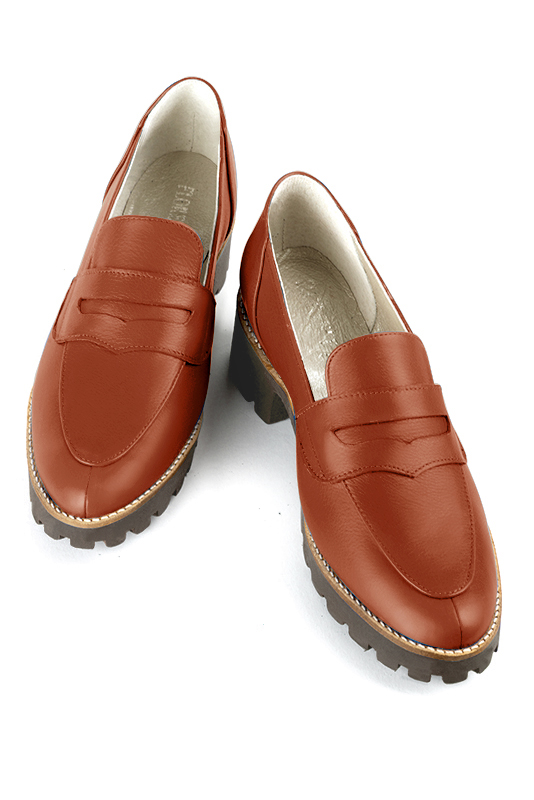 Terracotta orange women's casual loafers. Round toe. Low rubber soles. Top view - Florence KOOIJMAN